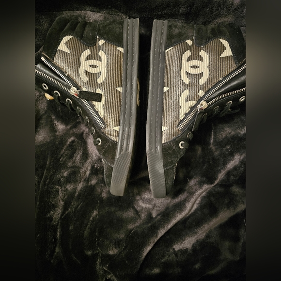 Chanel Black/Grey CC Double Zip Accent High Top Sneakers - Picture 2 of 5